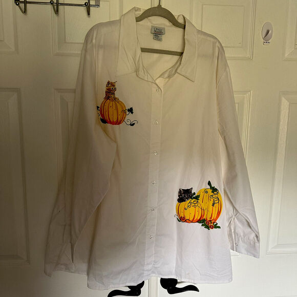 Only Necessities Halloween Harvest Women's Plus Size 4x Long Sleeve White Shirt - Picture 1 of 5